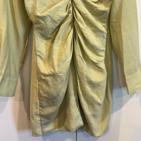 Zara Lime Green Ruched Mini Dress Collared Long Sleeve Shirt Dress XS/Small - Picture 7 of 15